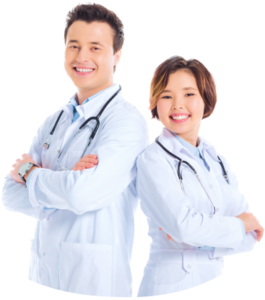 female doctor and male doctor with crossed arms looking at camera and smiling isolated on white.png