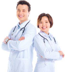 female doctor and male doctor with crossed arms looking at camera and smiling isolated on white Flat.png